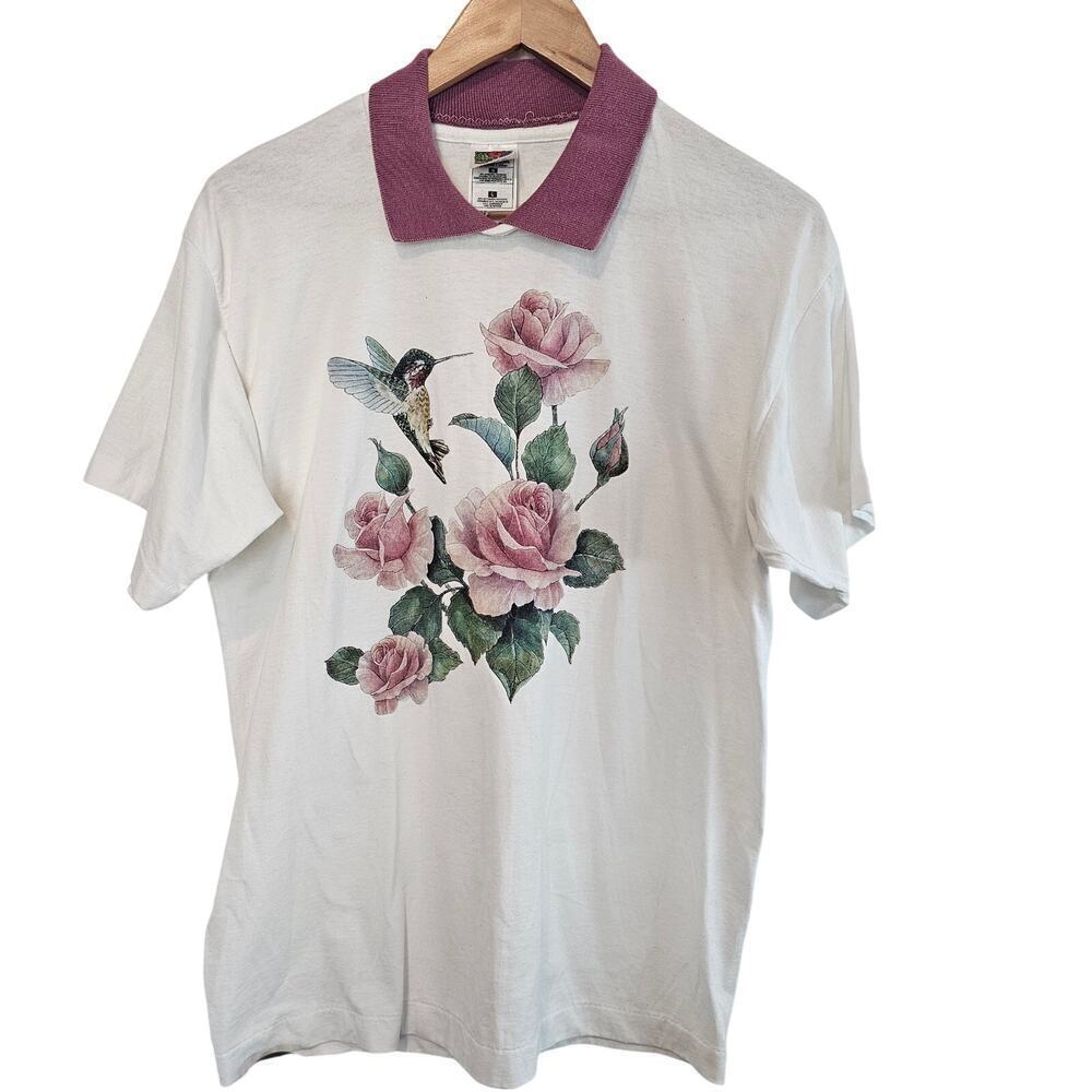 Vintage Floral Blouse Women Large White Purple Roses Cottage Preppy Retro 90s